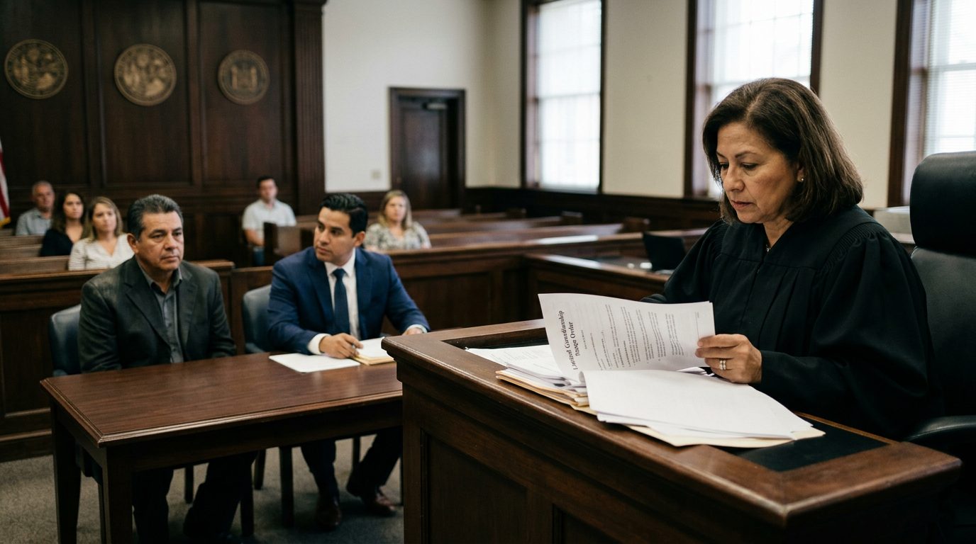 Juez revisando documentos de tutela temporal en sala de audiencias con abogados presentes.