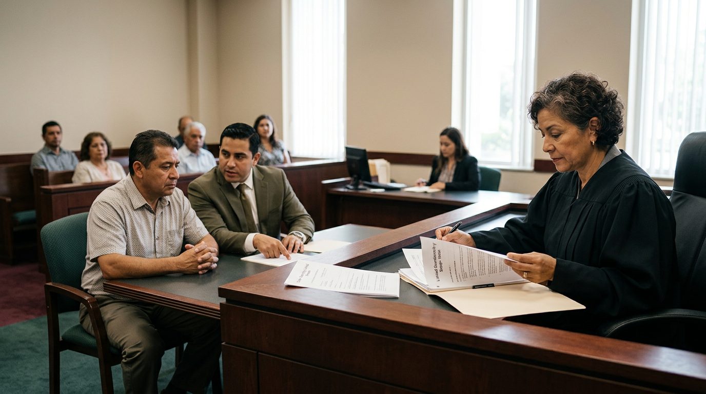Juez revisando documentos en audiencia de tutela limitada con abogado y demandado presente.