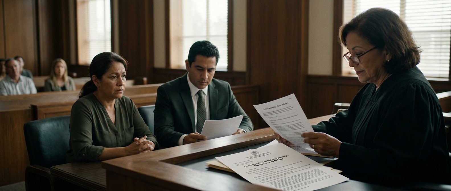 Juez revisando documentos en audiencia de tutela limitada con abogados y demandado presente.