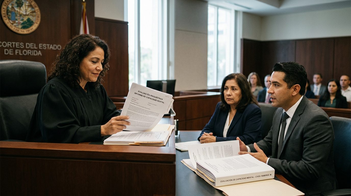 Juez revisando evaluación psiquiátrica en audiencia de tutela de persona con enfermedad mental.