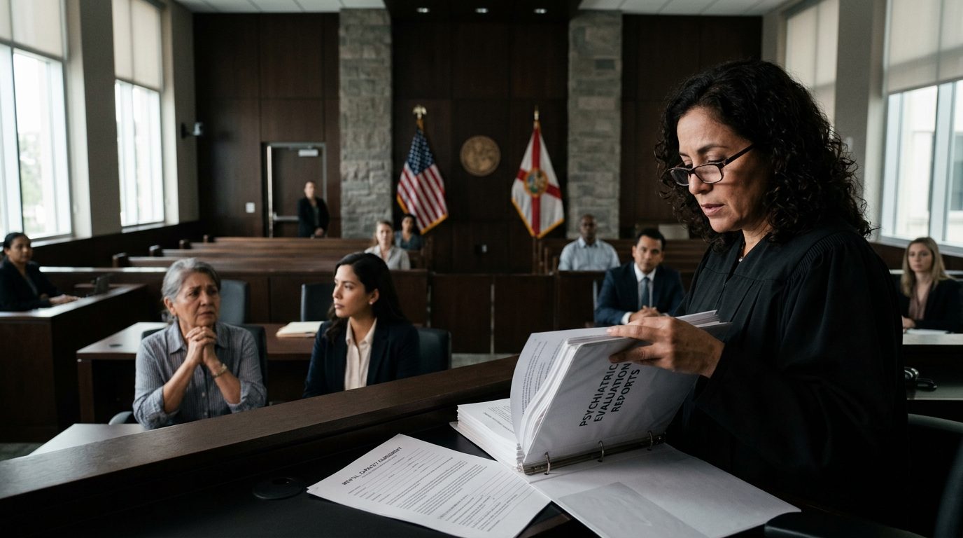 Juez revisando evaluaciones psiquiátricas en audiencia de tutela de salud mental en Florida.