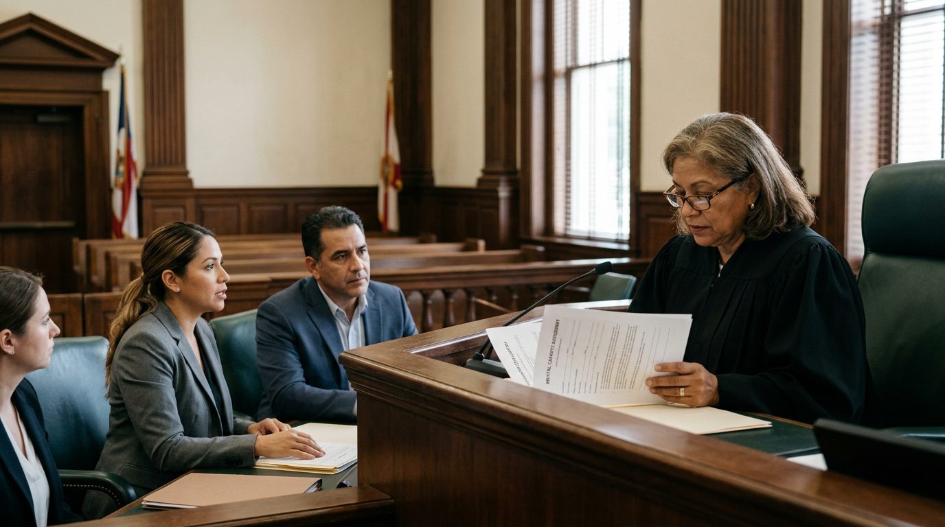 Juez revisando evaluaciones psiquiátricas en audiencia de tutela de salud mental.