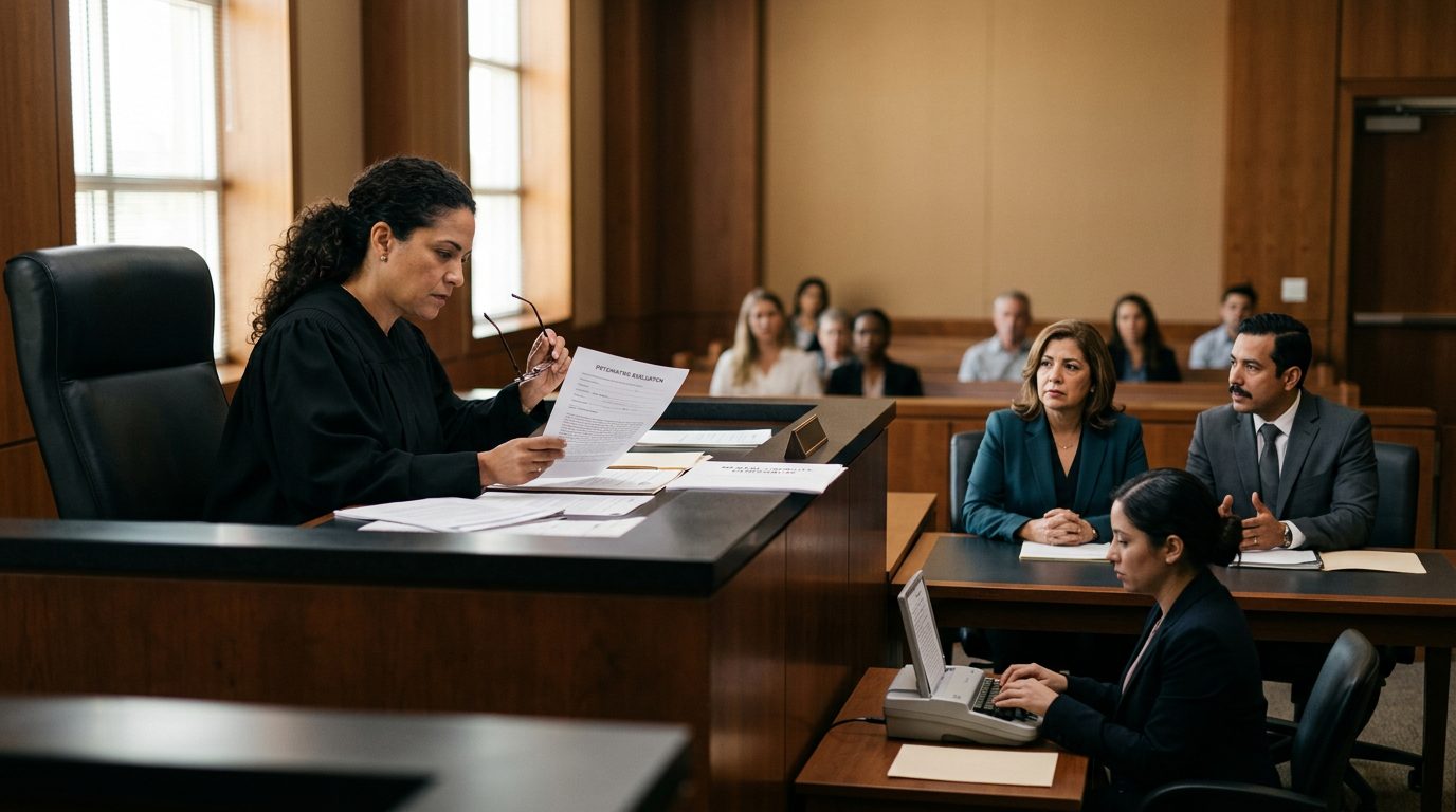 Juez revisando evaluaciones psiquiátricas en audiencia de tutela por salud mental en Florida.