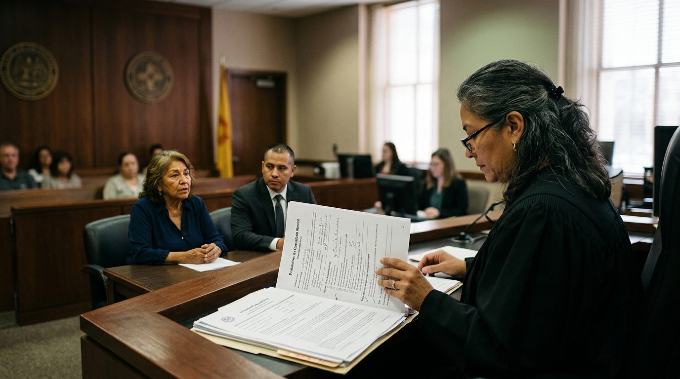 Juez revisando reportes psiquiátricos en audiencia de tutela mental con abogado y documento de evaluación de capacidad.