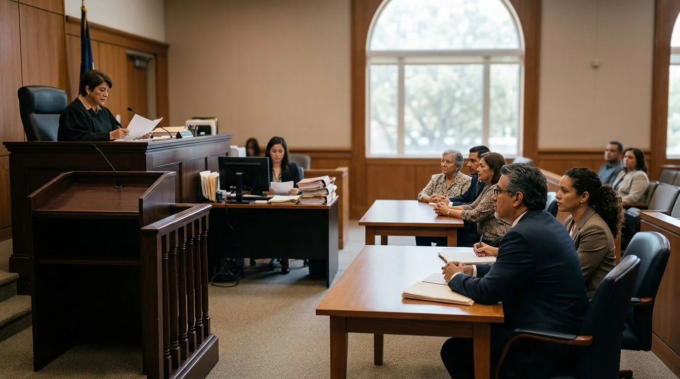 Sala de audiencia con juez, estrado de testigos y expedientes durante vista de tutela.