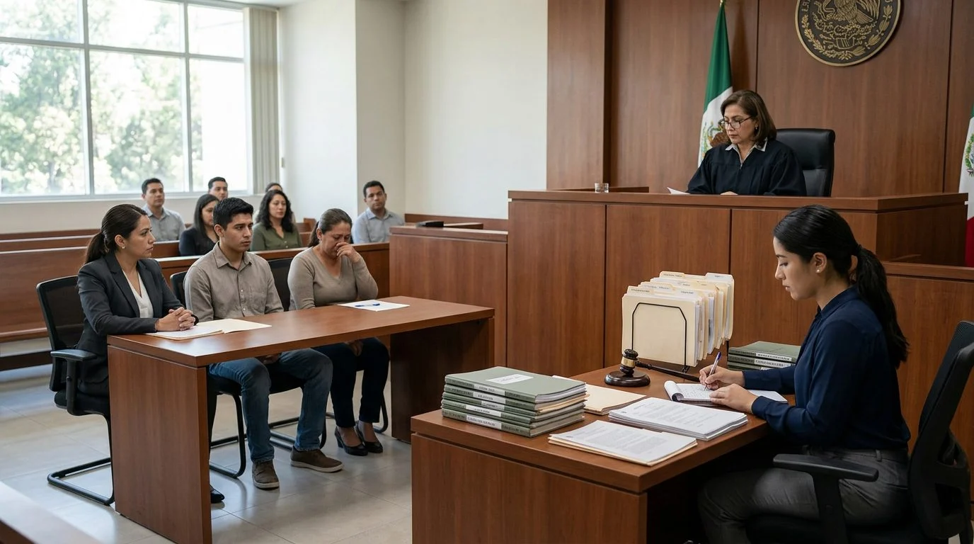 Sala de audiencia con juez, estrado de testigos y expedientes sobre escritorio del juzgado.