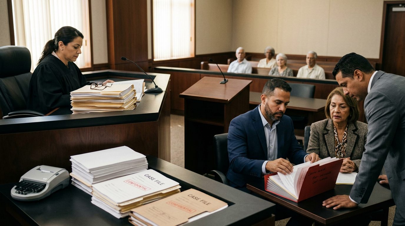 Sala de audiencias con juez, estrado de testigos y expedientes en escritorio durante audiencia de tutela plena.