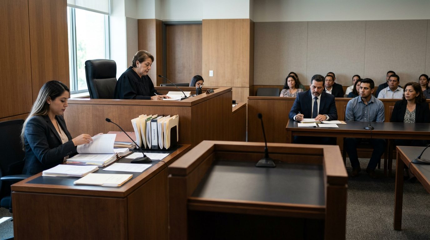 Sala de audiencias con juez, estrado de testigos y expedientes durante vista de tutela.
