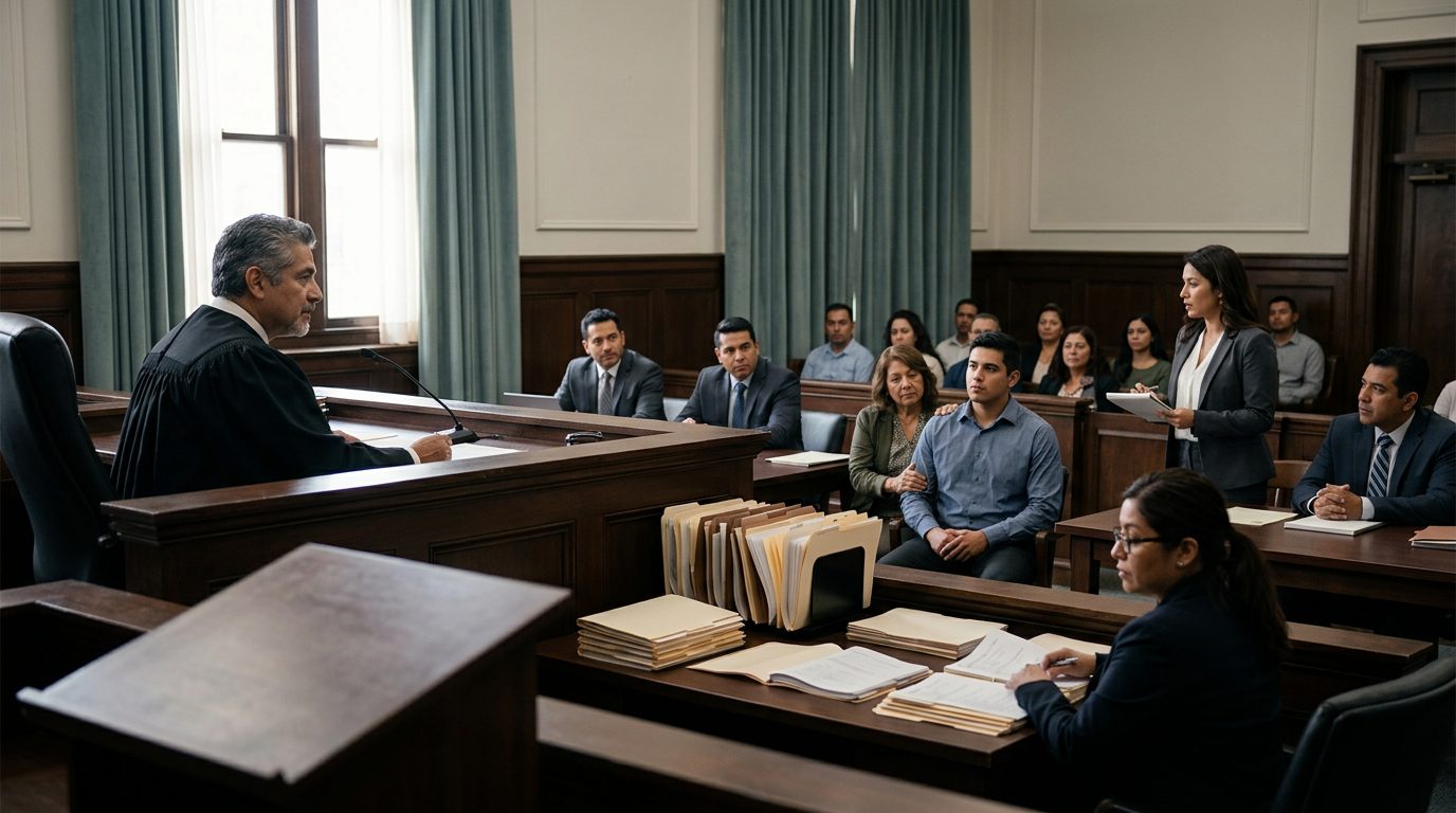 Sala de audiencias con juez, estrado de testigos y expedientes en el escritorio del secretario.