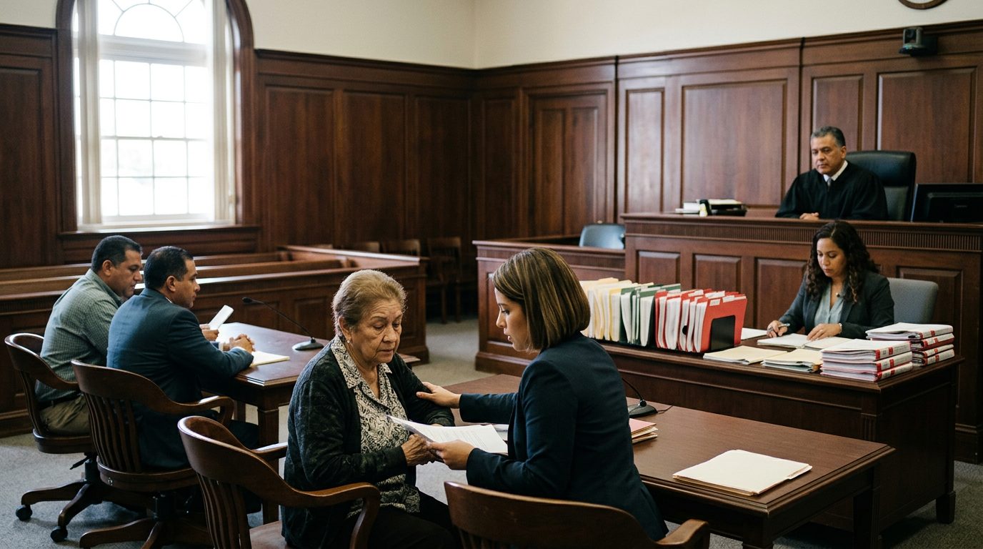 Sala de audiencias con juez, estrado de testigos y expedientes en escritorio durante audiencia de tutela.