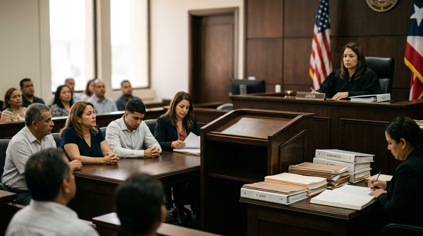 Sala de audiencias con juez, estrado vacío y expedientes en escritorio durante vista de tutela.