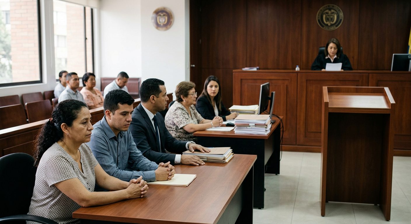 Sala de audiencias con juez, estrado vacío y expedientes en escritorio durante audiencia de internamiento involuntario.