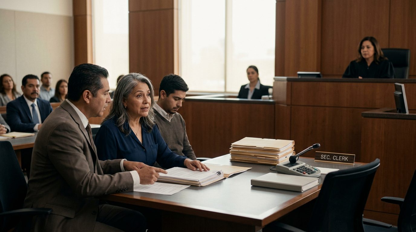 Sala de audiencias con juez, estrado vacío y expedientes en escritorio durante vista de tutela.