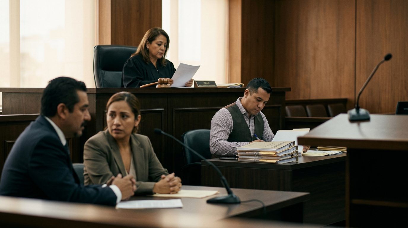 Sala de juzgado con juez, estrado de testigos y expedientes durante audiencia de tutela.