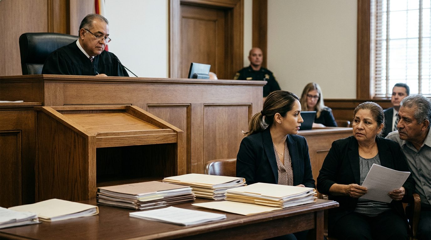 Sala de tribunal con juez, estrado de testigos y expedientes durante audiencia de tutela.