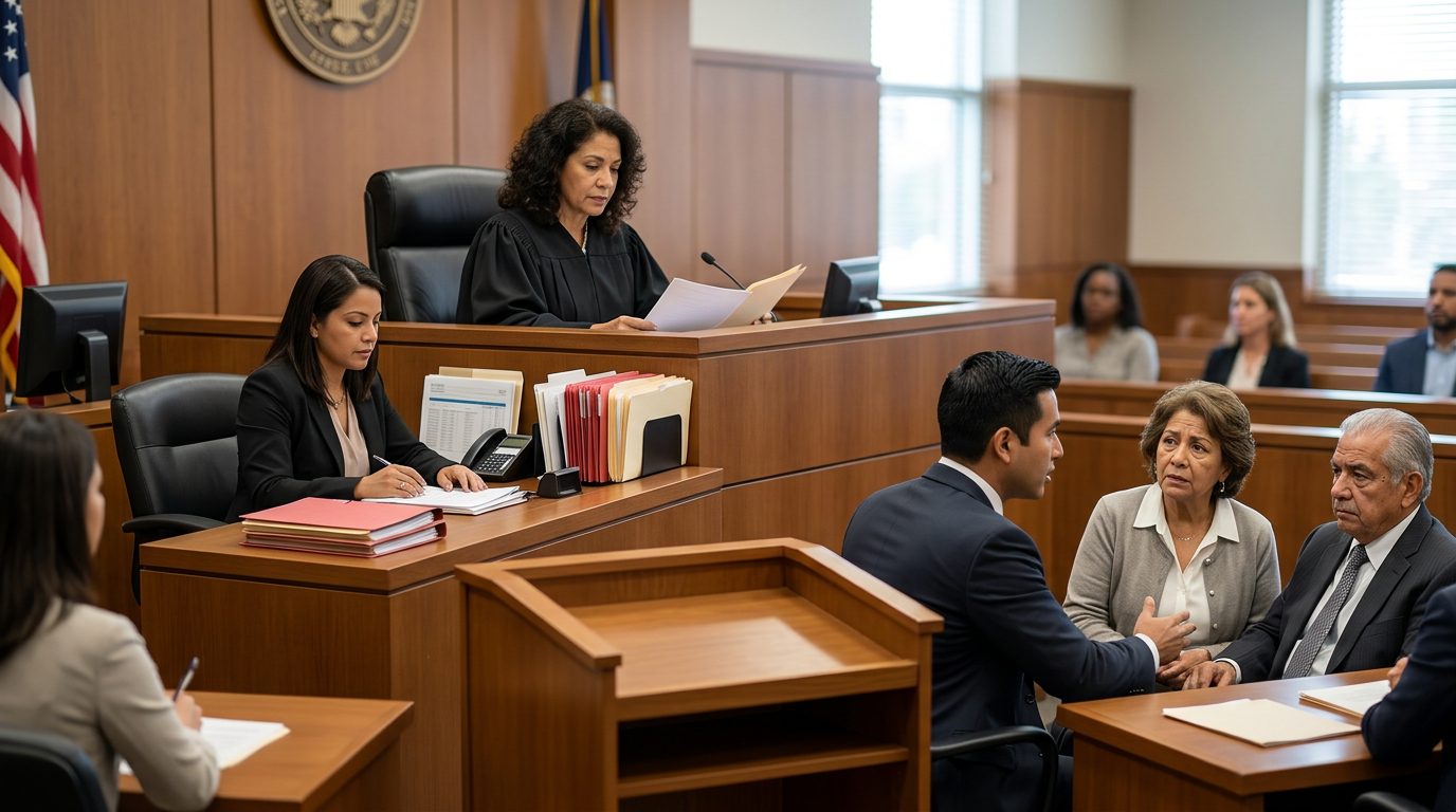 Sala de tribunal con juez, estrado de testigos y expedientes durante audiencia de tutela.