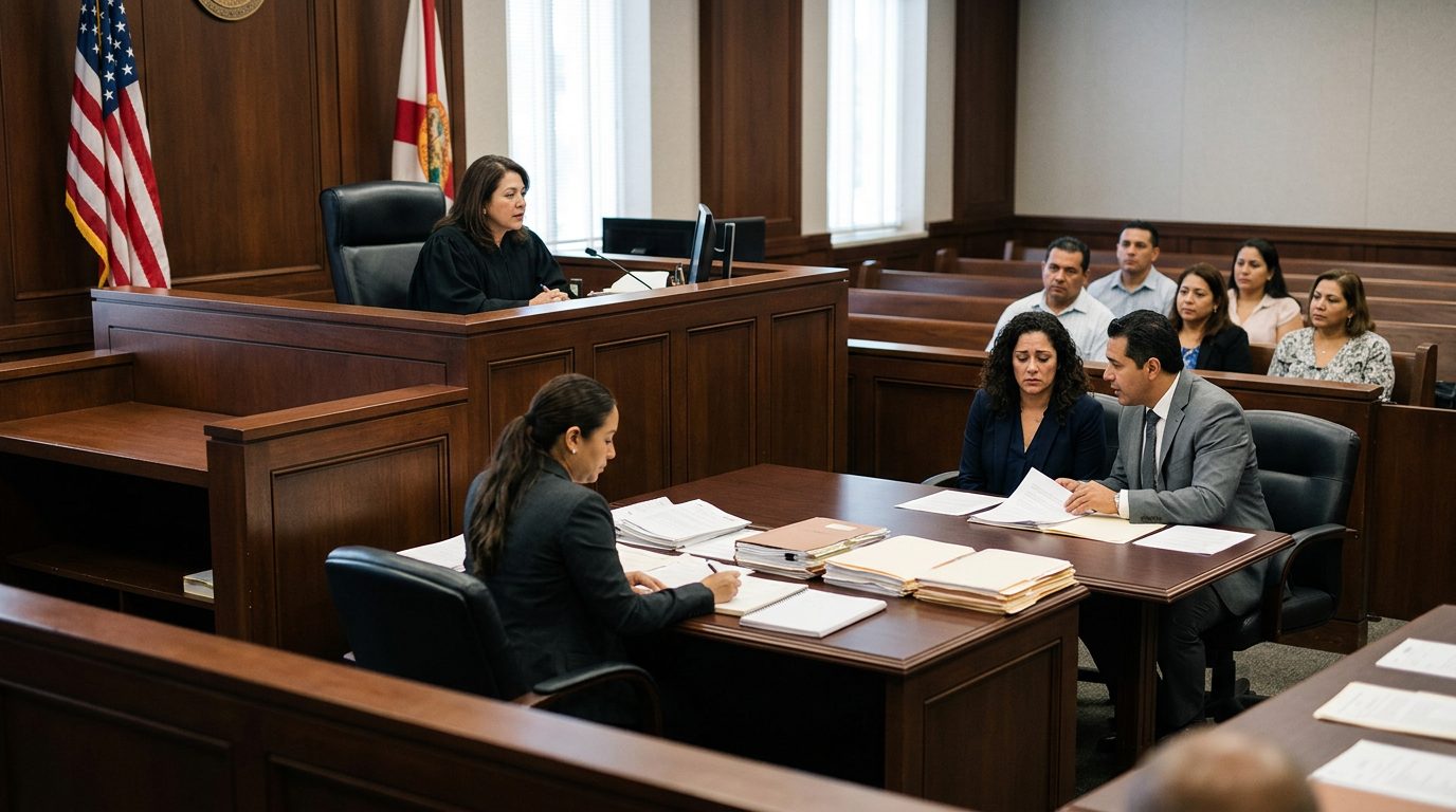 Sala de tribunal con juez, estrado de testigos y expedientes durante audiencia de tutela limitada.