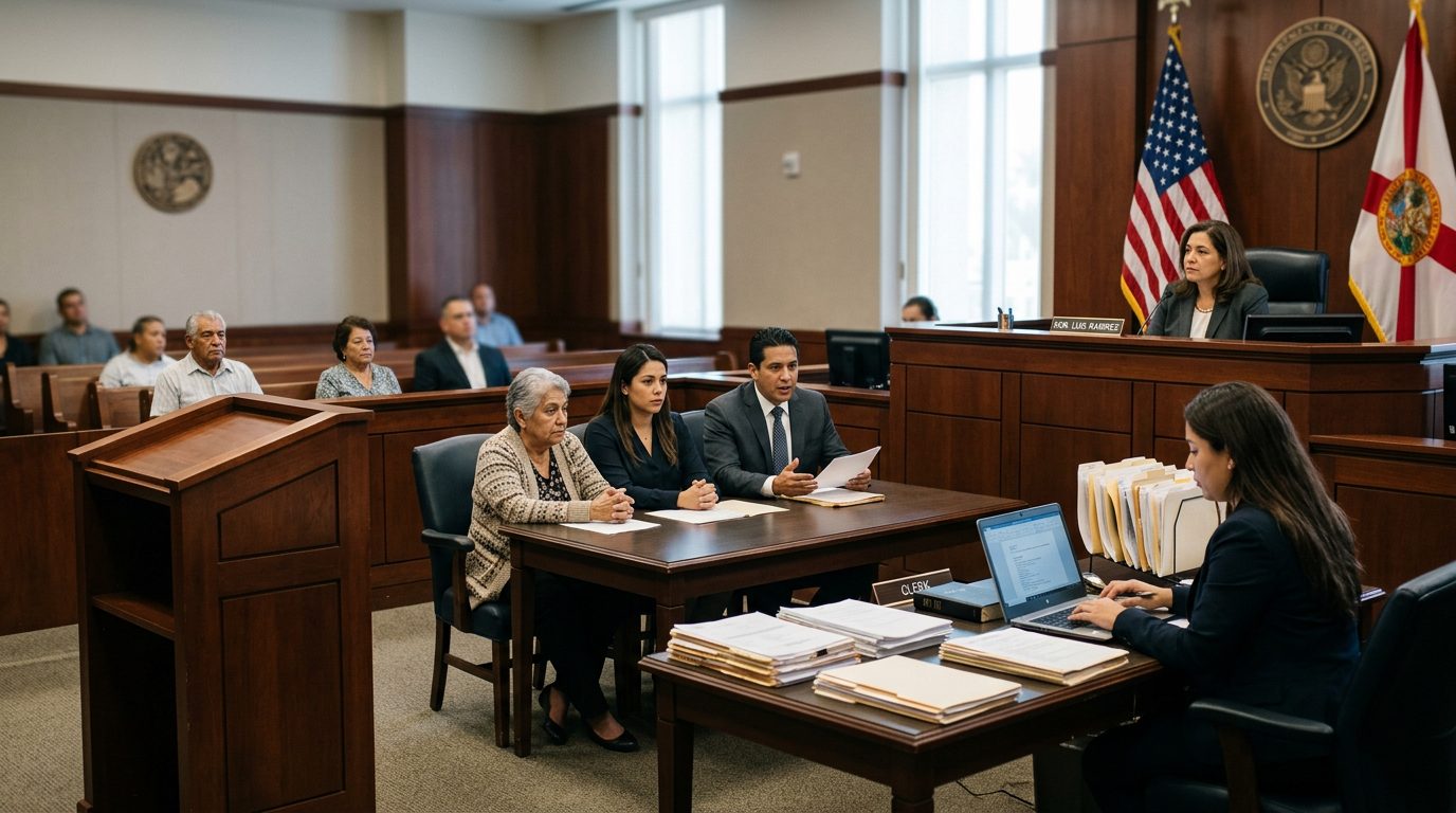 Sala de tribunal con juez, estrado de testigos y expedientes durante audiencia de tutela temporal.