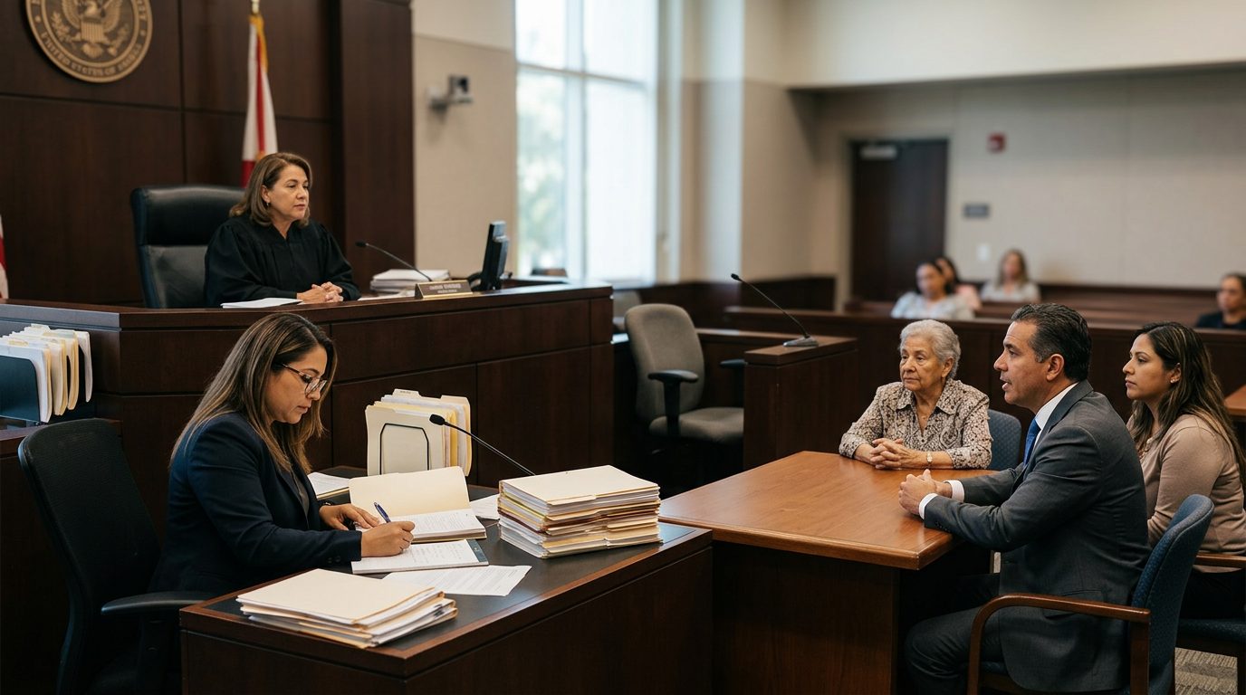 Sala de tribunal con juez, estrado de testigos y expedientes durante audiencia de tutela.