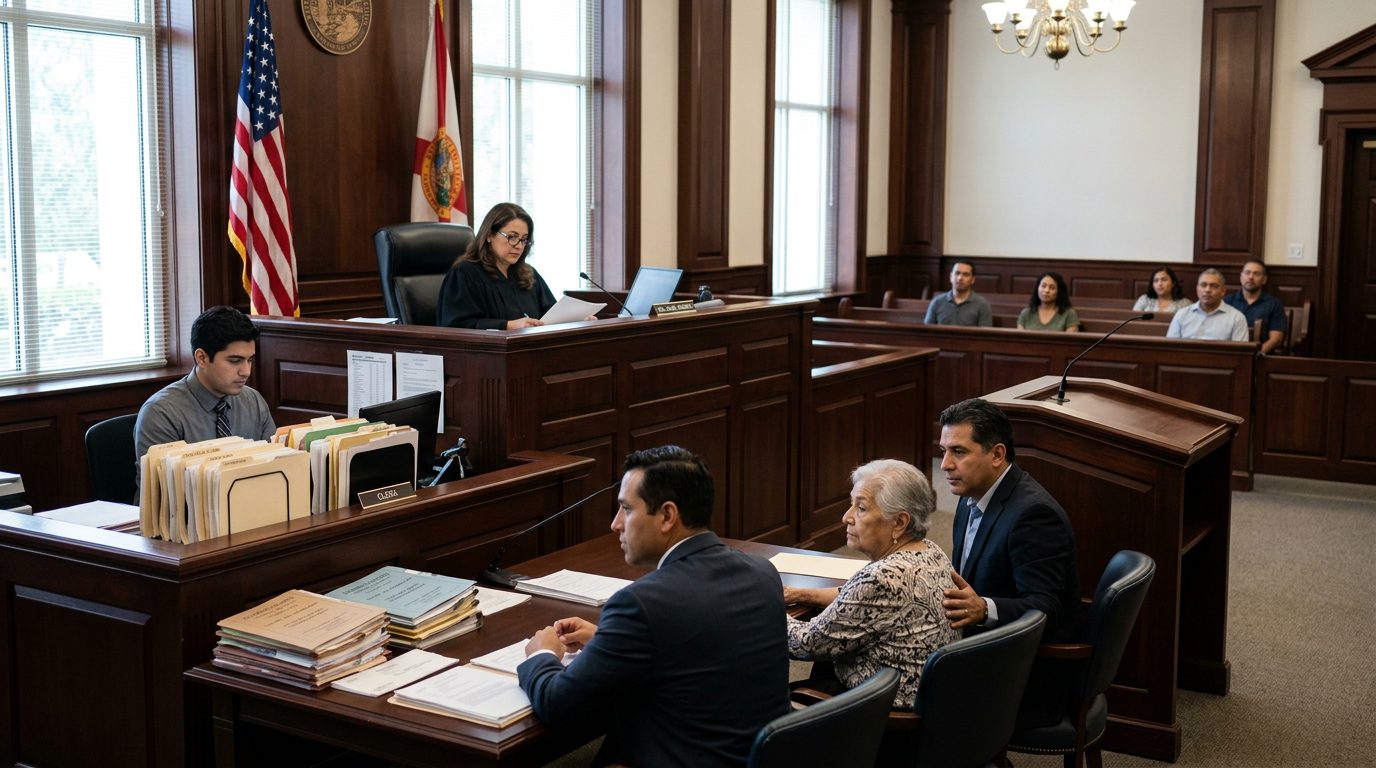 Sala de tribunal con juez, estrado de testigos y expedientes durante audiencia de tutela plena.