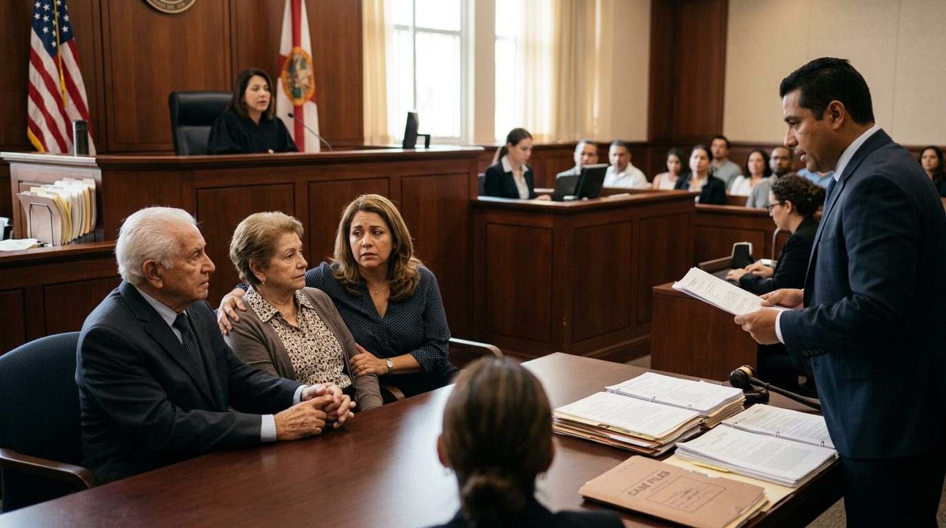 Sala de tribunal con juez, estrado de testigos y expedientes durante audiencia de tutela.