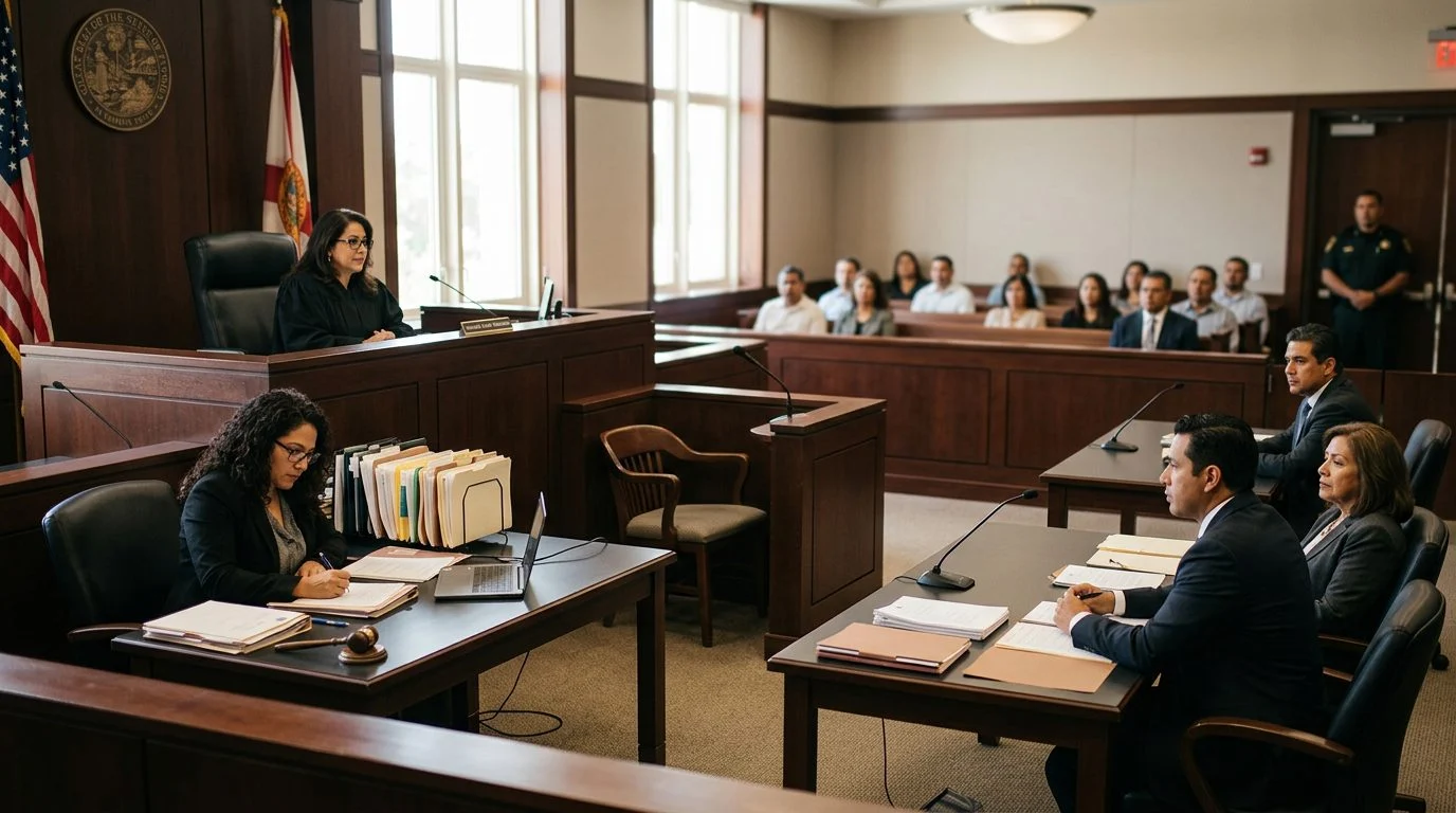 Sala de tribunal con juez, estrado de testigos y expedientes durante audiencia de tutela.
