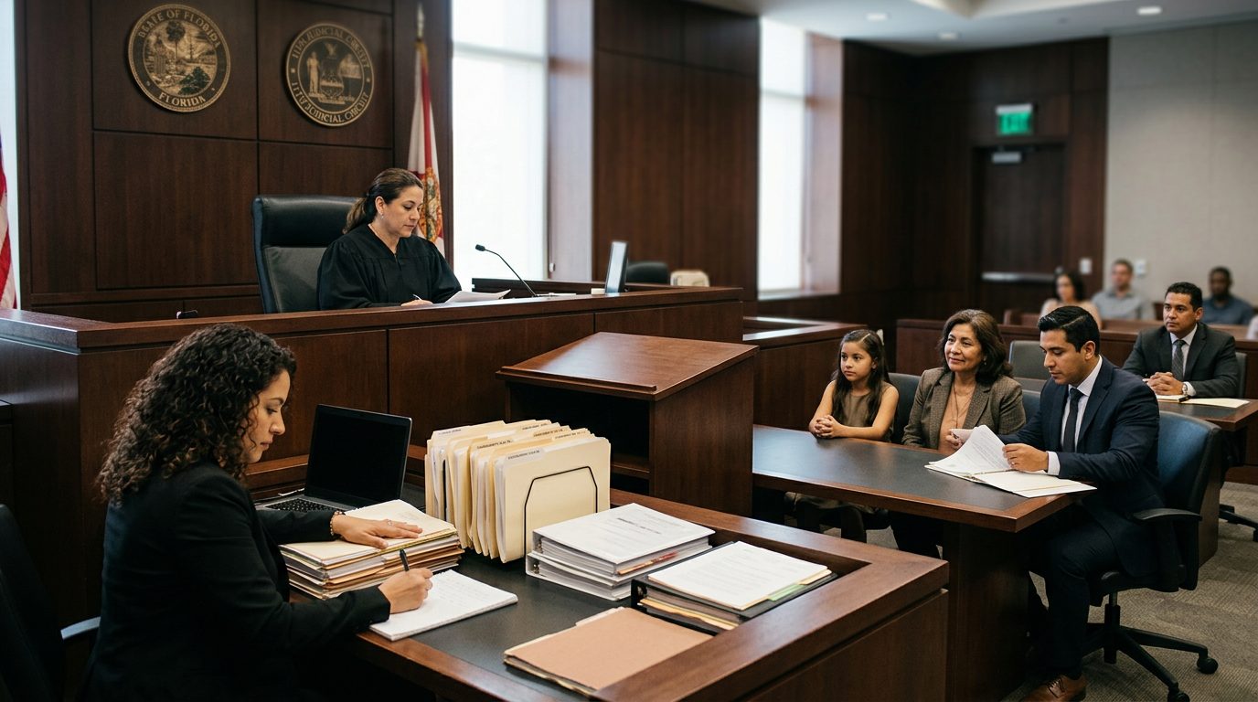 Sala de tribunal con juez, estrado de testigos y expedientes durante audiencia de tutela.