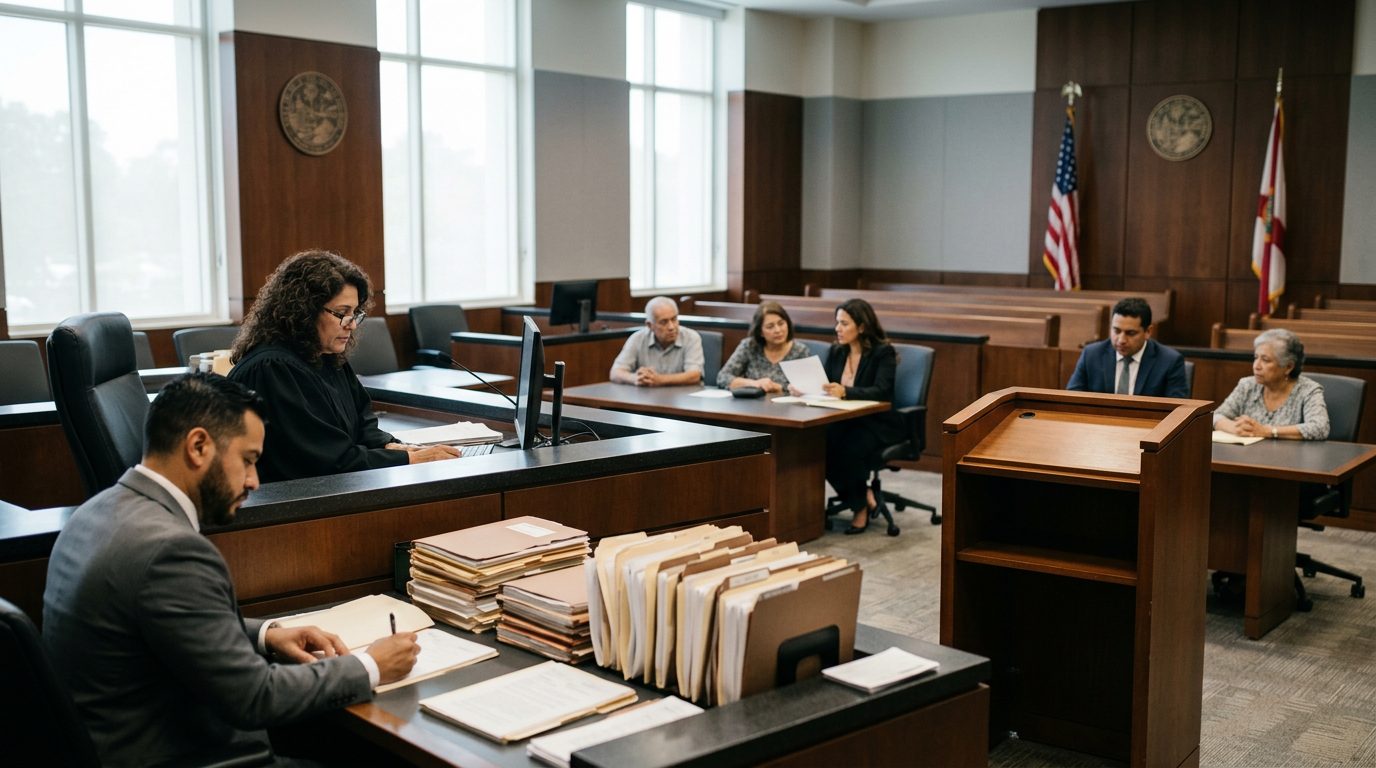 Sala de tribunal con juez, estrado de testigos y expedientes durante audiencia de tutela.