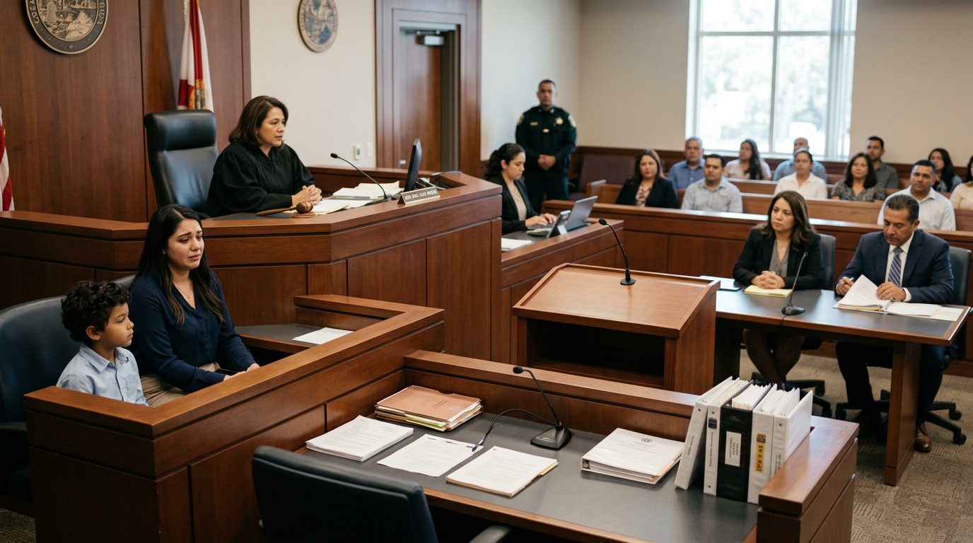 Sala de tribunal con juez, estrado de testigos y expedientes durante audiencia de tutela.