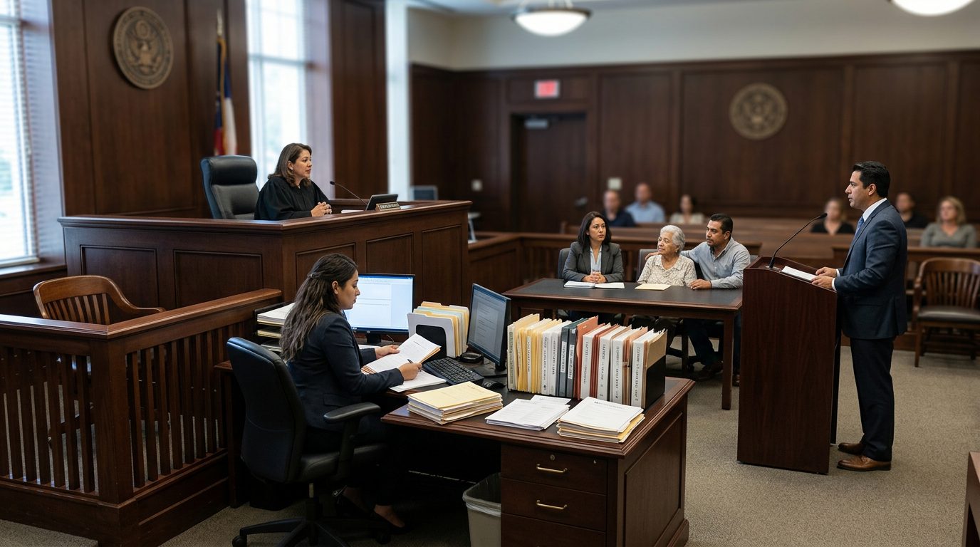 Sala de tribunal con juez, estrado de testigos y expedientes durante audiencia de tutela limitada.