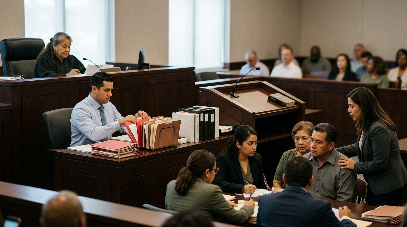 Sala de tribunal con juez, estrado de testigos y expedientes durante audiencia de tutela.
