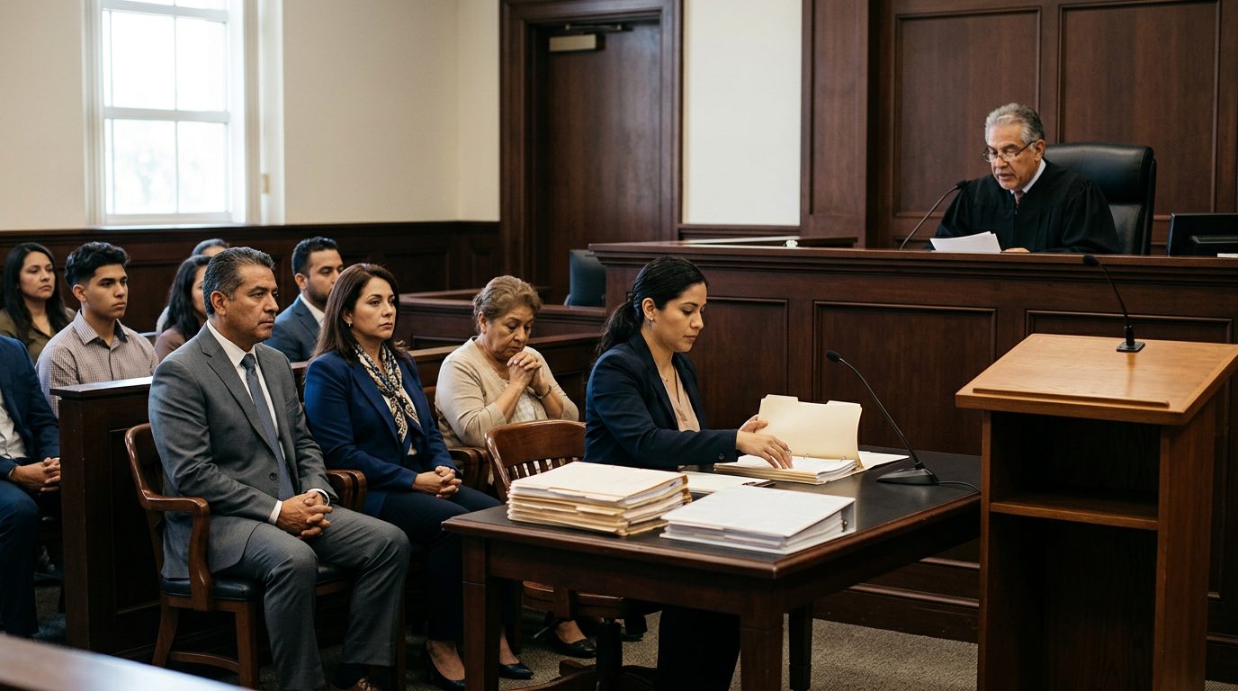 Sala de tribunal con juez, estrado de testigos y expedientes durante audiencia de tutela.