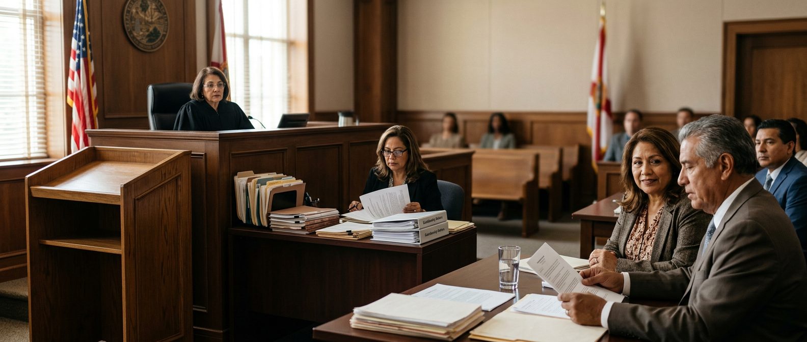 Sala de tribunal con juez, estrado de testigos y expedientes durante audiencia de tutela.