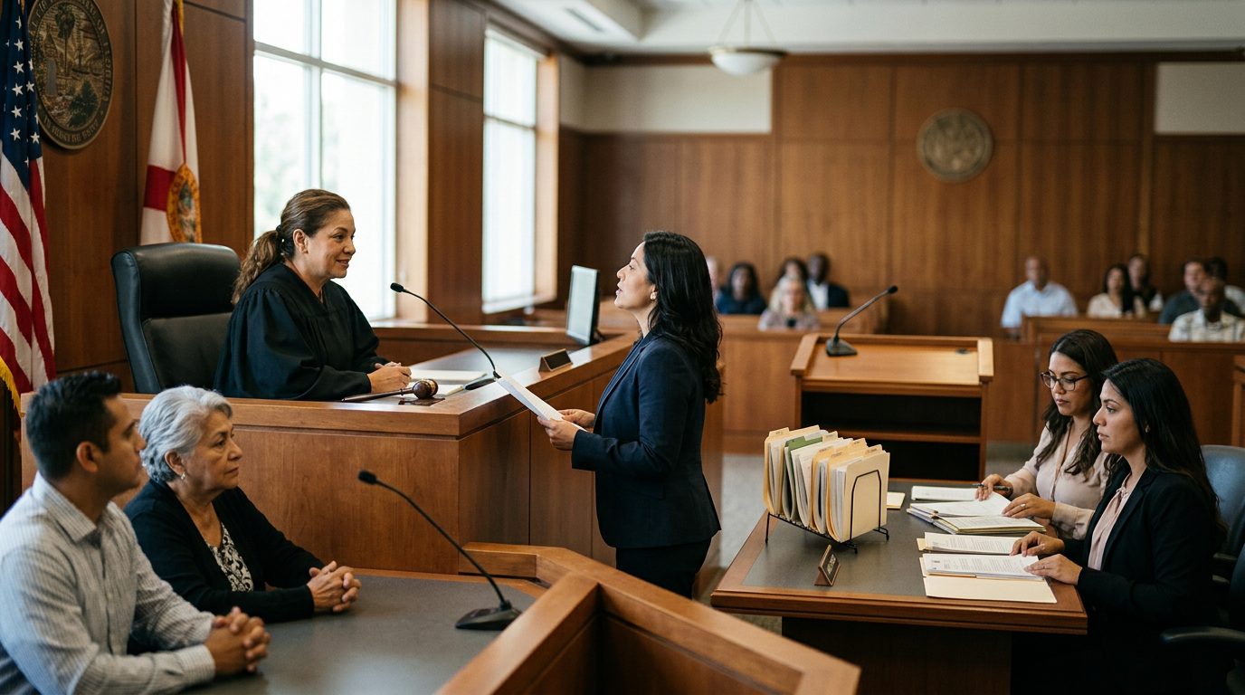 Sala de tribunal con juez, estrado de testigos y expedientes durante audiencia de tutela plena en Florida.