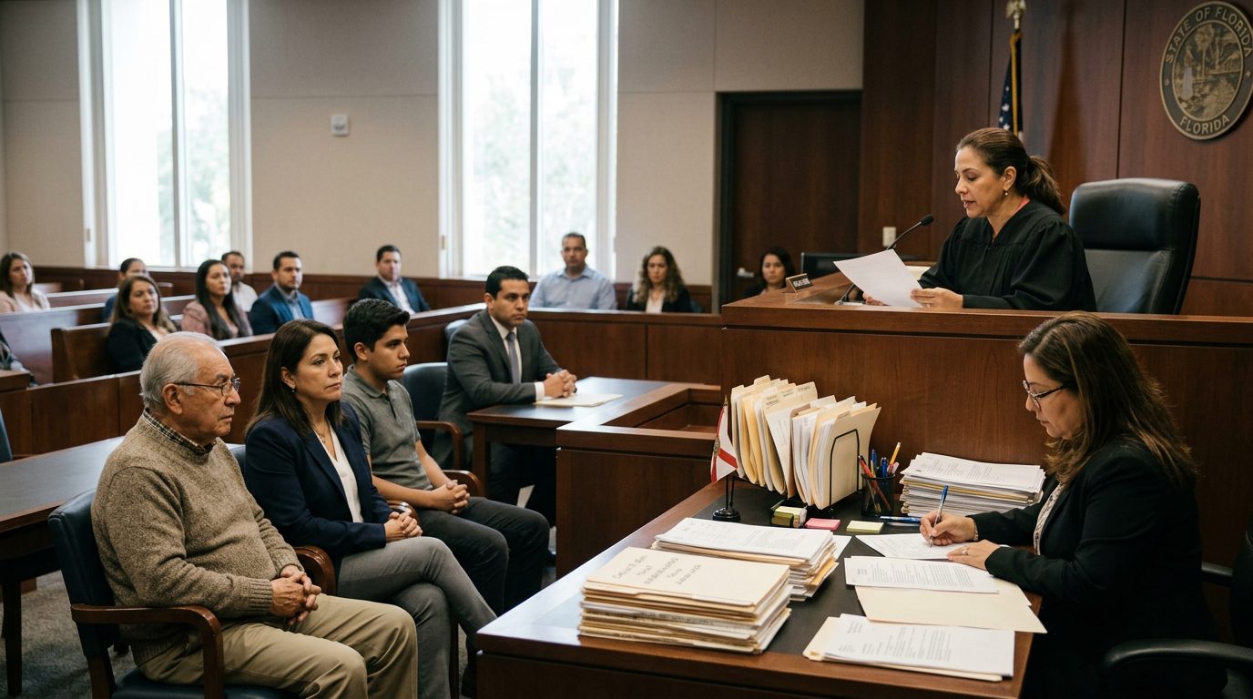 Sala de tribunal con juez, estrado de testigos y expedientes durante audiencia de tutela.