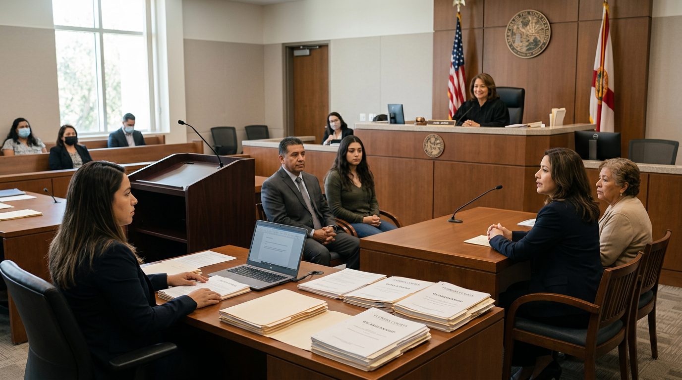Sala de tribunal con juez, estrado de testigos y expedientes durante audiencia de tutela plena.
