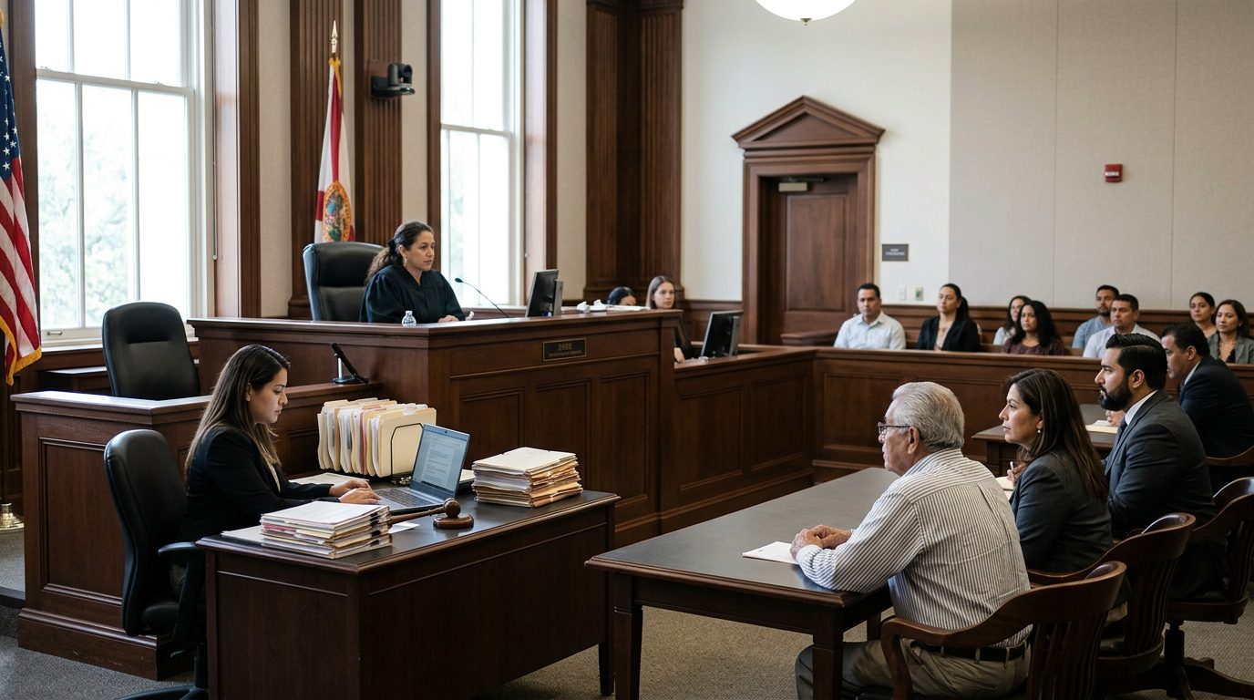 Sala de tribunal con juez, estrado de testigos y expedientes durante audiencia de tutela.