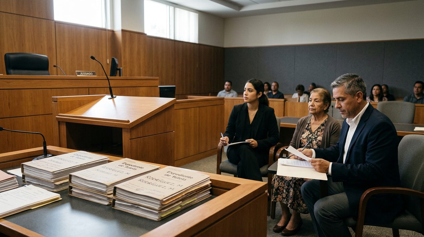 Sala de tribunal con juez, estrado de testigos y expedientes durante audiencia de tutela plena.