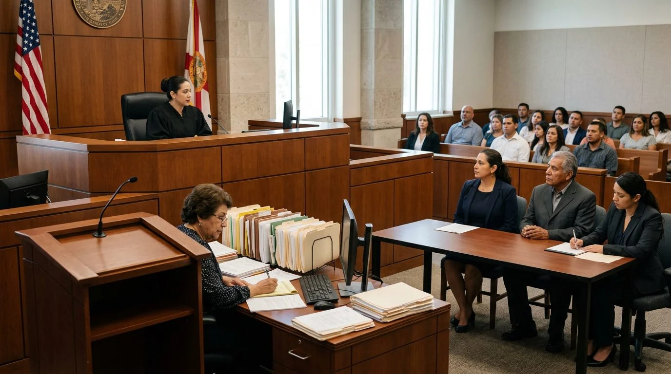 Sala de tribunal con juez, estrado de testigos y expedientes en el escritorio del secretario.