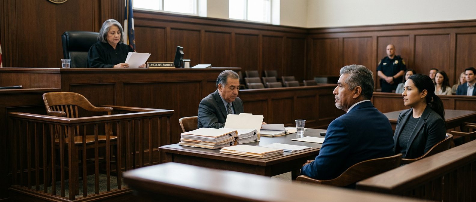 Sala de tribunal con juez, estrado de testigos y expedientes durante audiencia de tutela.