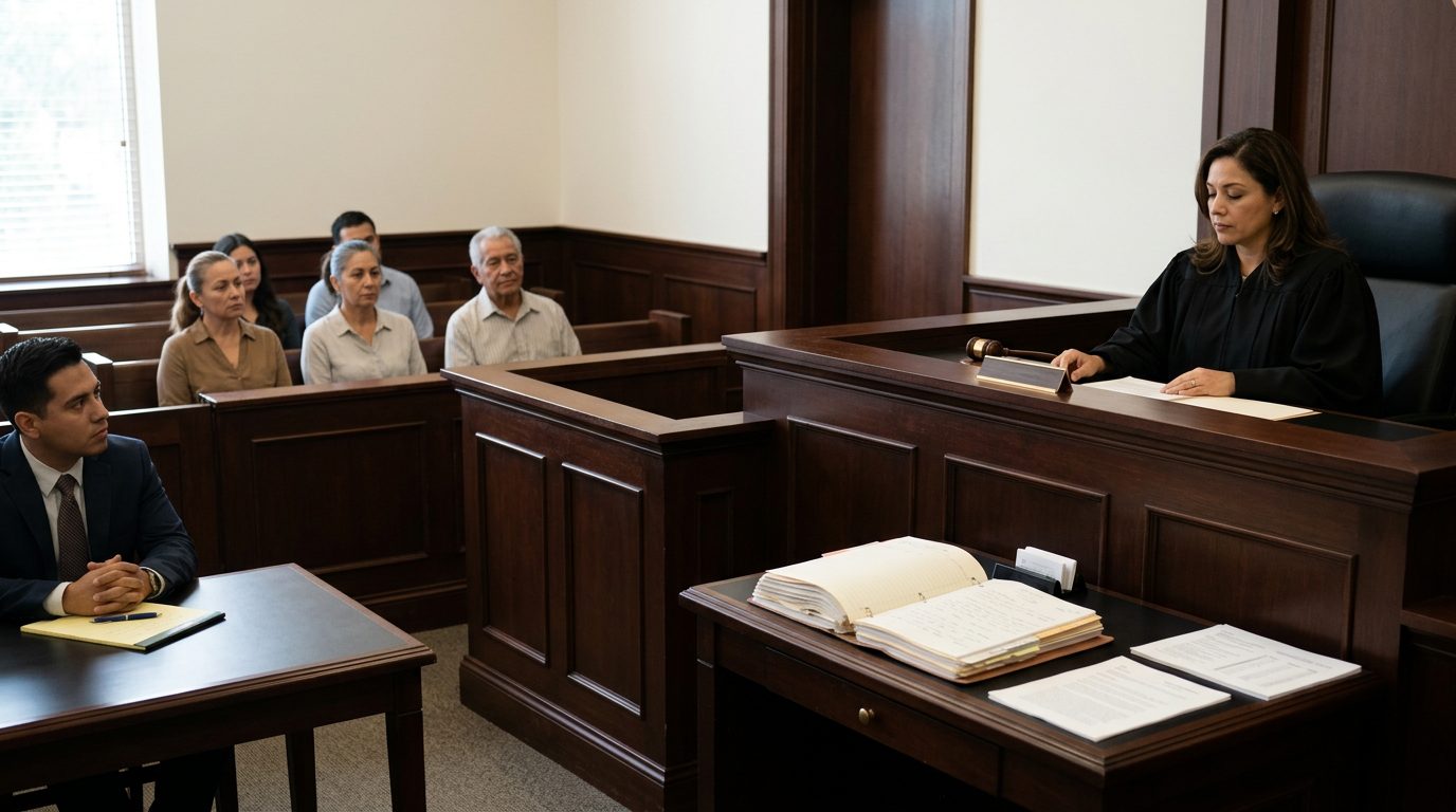 Sala de tribunal con juez, estrado de testigos y expedientes durante audiencia de tutela.
