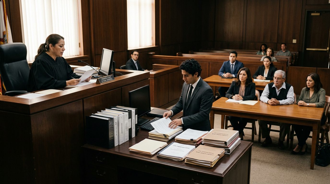 Sala de tribunal con juez, estrado de testigos y expedientes durante audiencia de tutela.