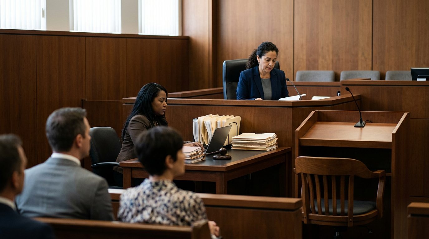 Sala de tribunal con juez, estrado de testigos y expedientes durante audiencia de tutela.