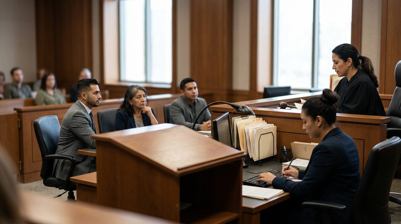 Sala de tribunal con juez, estrado de testigos y expedientes durante audiencia de tutela.