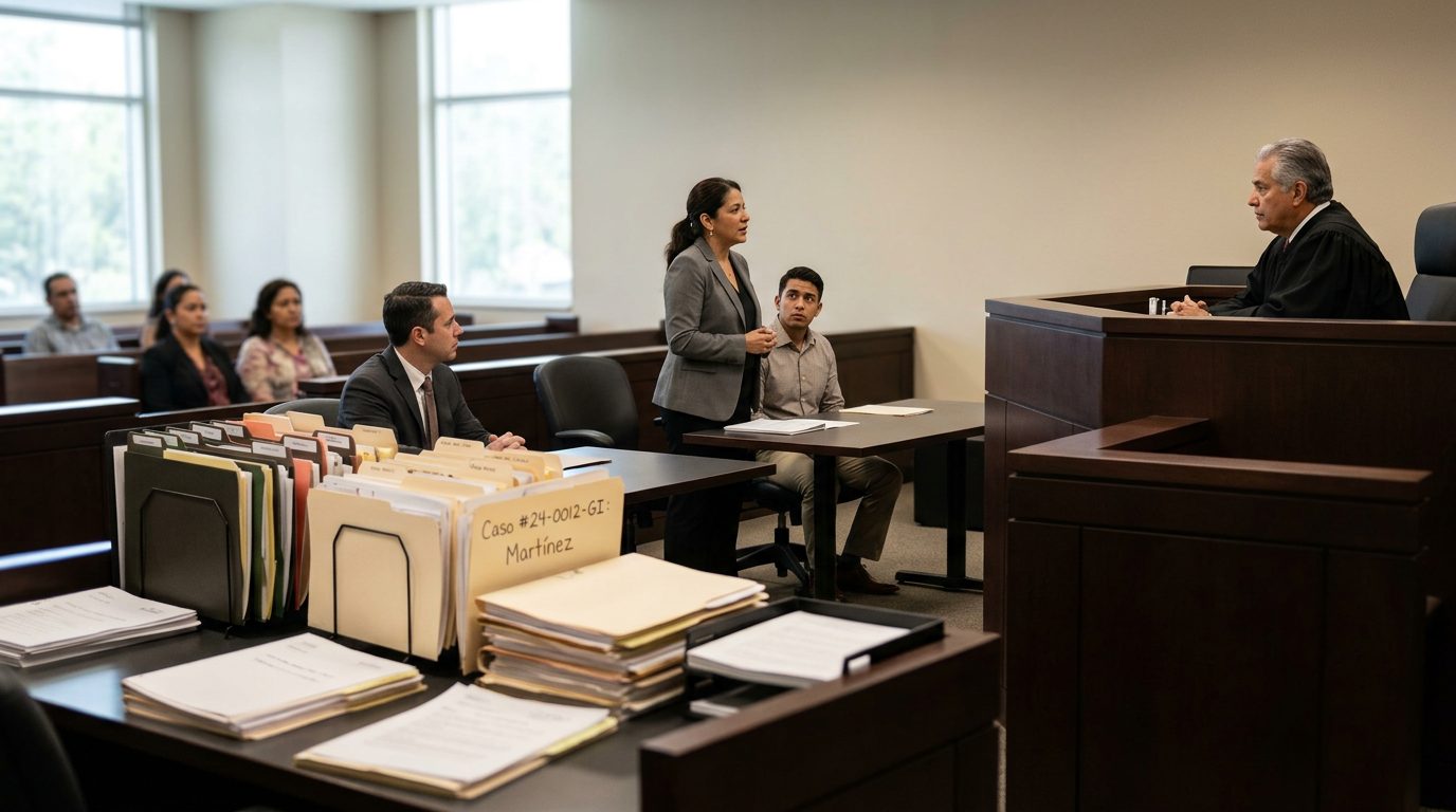 Sala de tribunal con juez, estrado de testigos y expedientes durante audiencia de tutela.