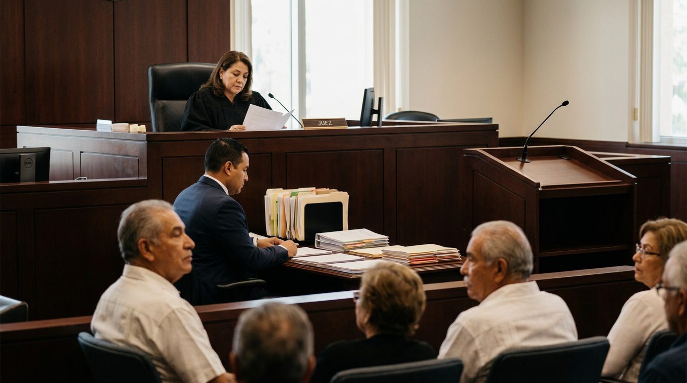 Sala de tribunal con juez, estrado de testigos y expedientes durante audiencia de tutela en Florida.