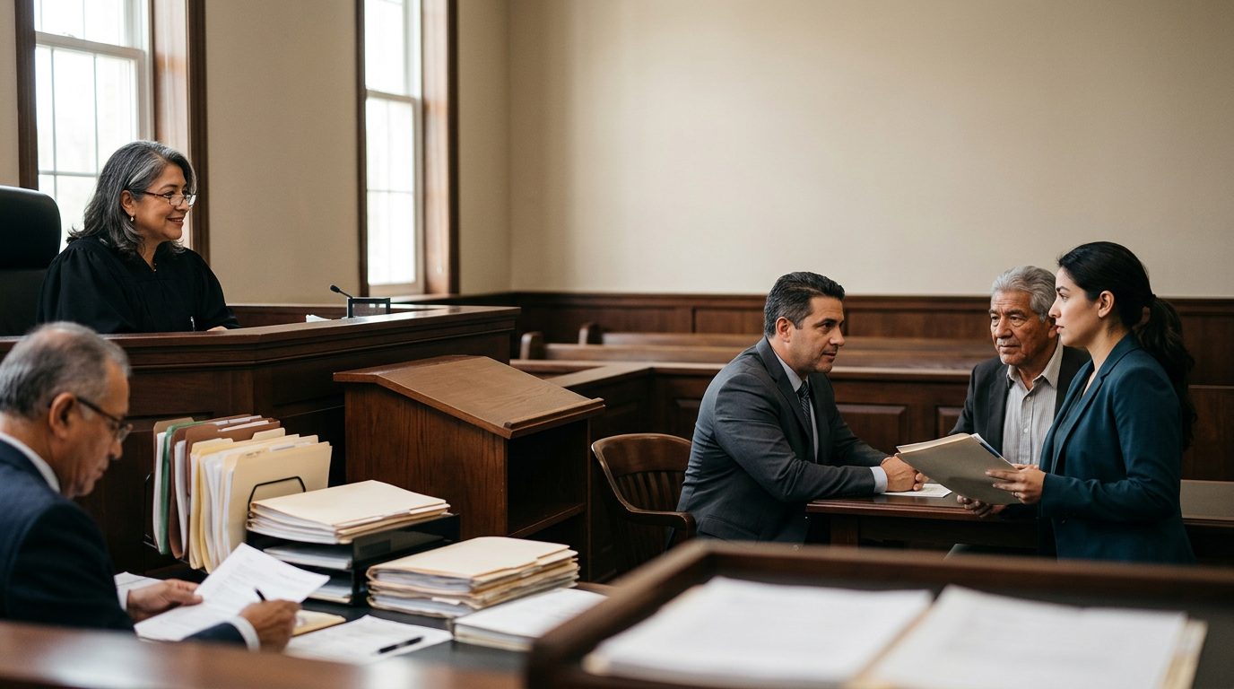 Sala de tribunal con juez, estrado de testigos y expedientes durante audiencia de tutela.