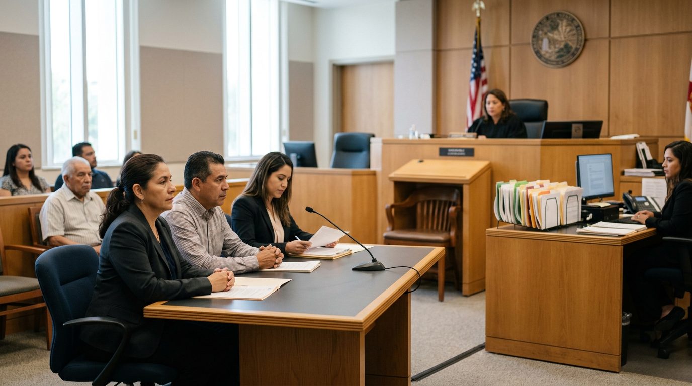 Sala de tribunal con juez, estrado de testigos y expedientes durante audiencia de tutela.