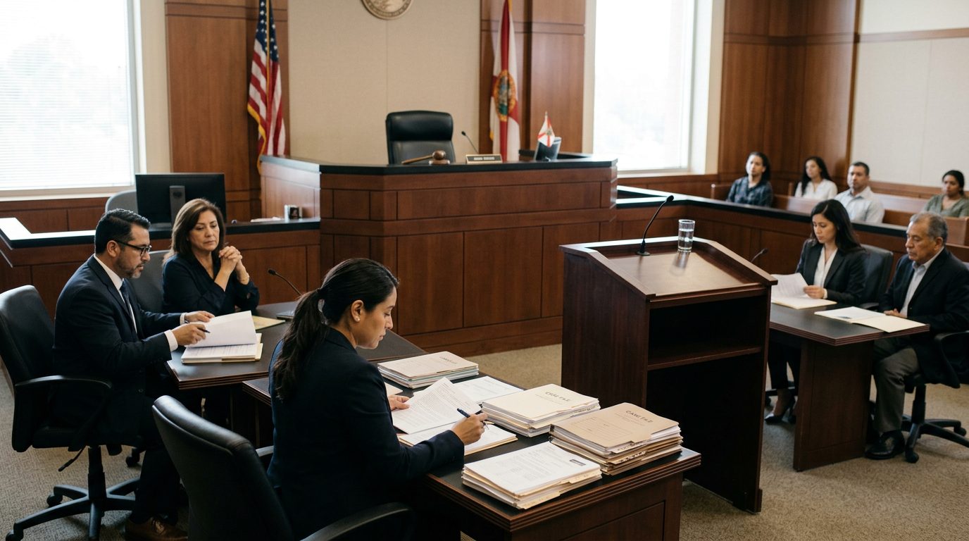 Sala de tribunal con juez, estrado de testigos y expedientes durante audiencia de tutela.