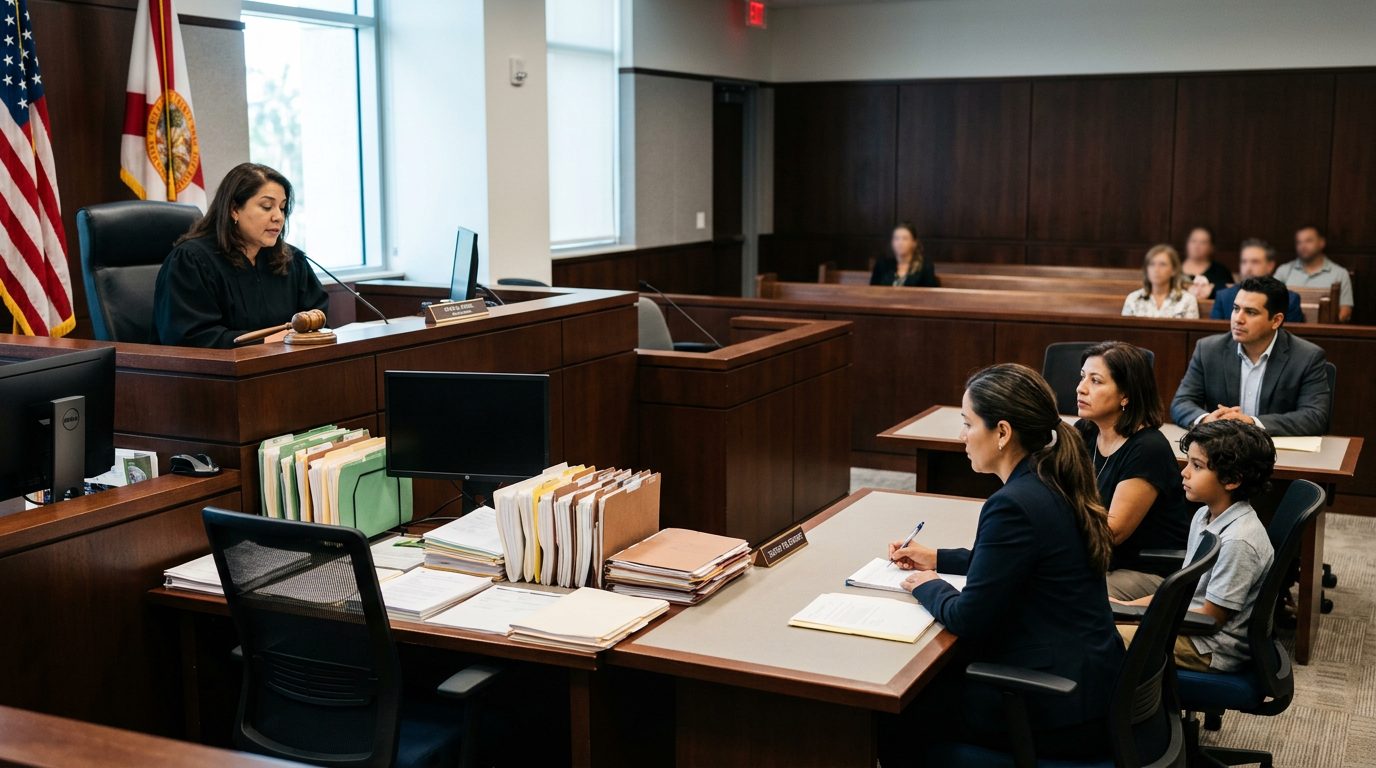 Sala de tribunal con juez, estrado de testigos y expedientes durante audiencia de tutela plena.